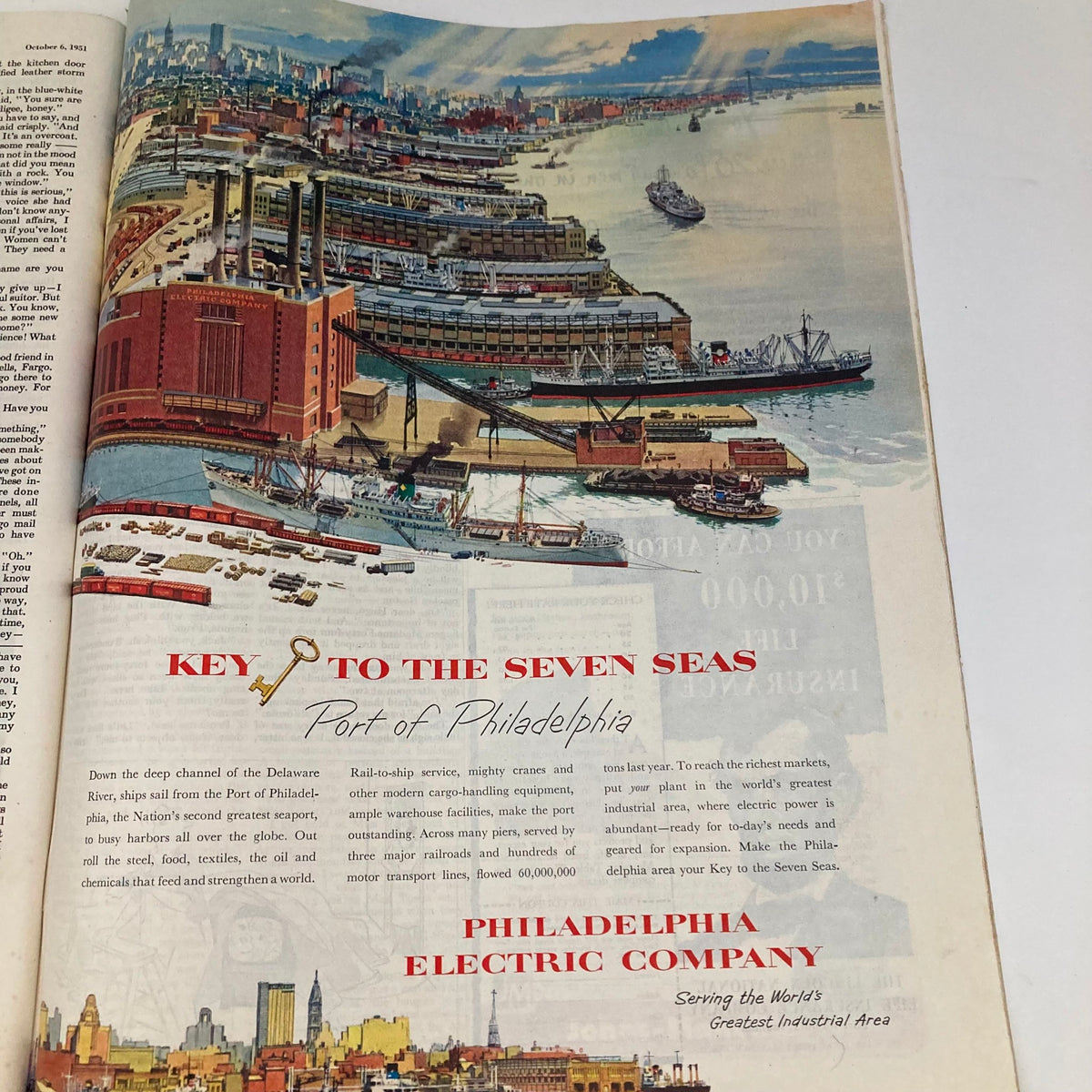 Detailed illustration from Saturday Evening Post Magazine October 6 1951 showcasing the Port of Philadelphia, featuring ships and a vibrant cityscape. The ad emphasizes the importance of the port and includes the text 'KEY TO THE SEVEN SEAS'.
