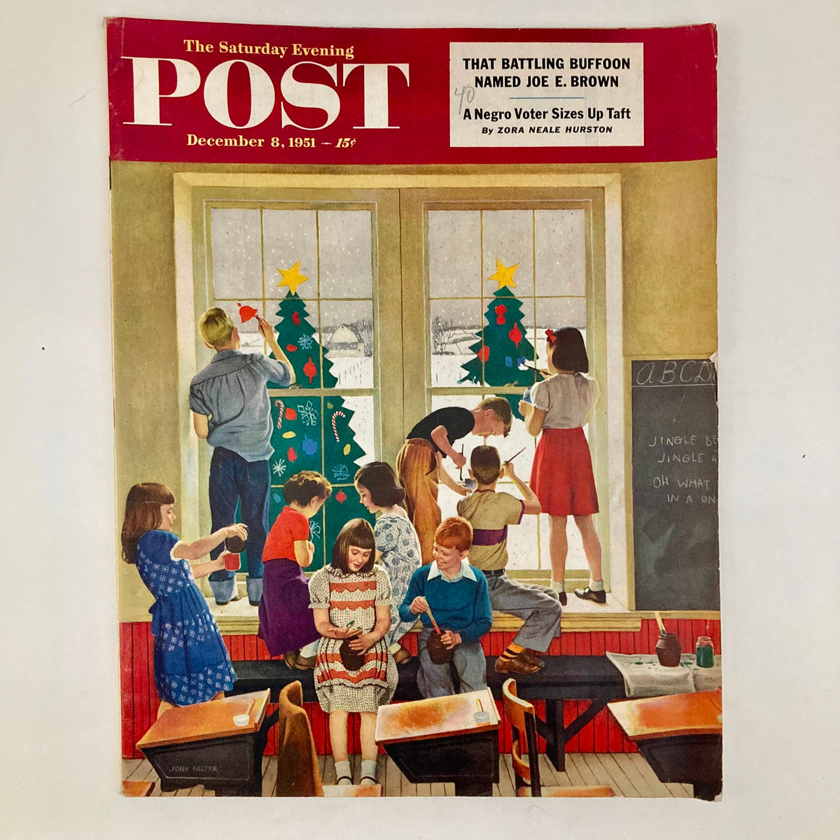 Illustrated cover of the Saturday Evening Post from December 8, 1951, featuring children decorating a classroom for the holidays, created by artist John Falter. This vibrant artwork captures the essence of 1950s Americana.