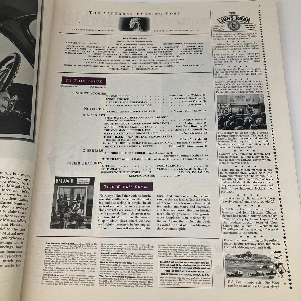 Inside page of the Saturday Evening Post December 8 1951 featuring articles and listings, reflecting the vintage aesthetic and layout.