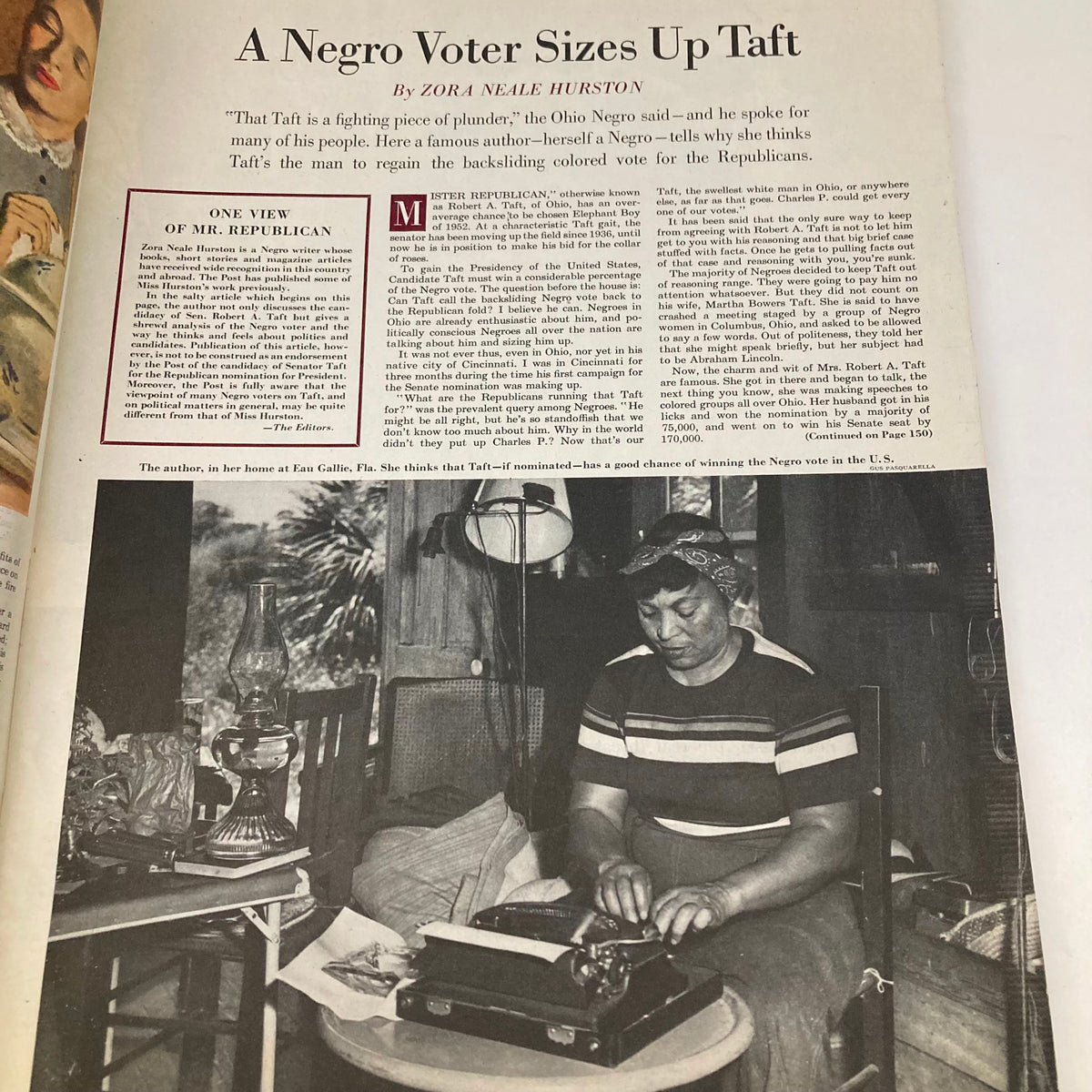 Article titled 'A Negro Voter Sizes Up Taft' by Zora Neale Hurston in the Saturday Evening Post December 8 1951, featuring a historical photograph of a woman typing.