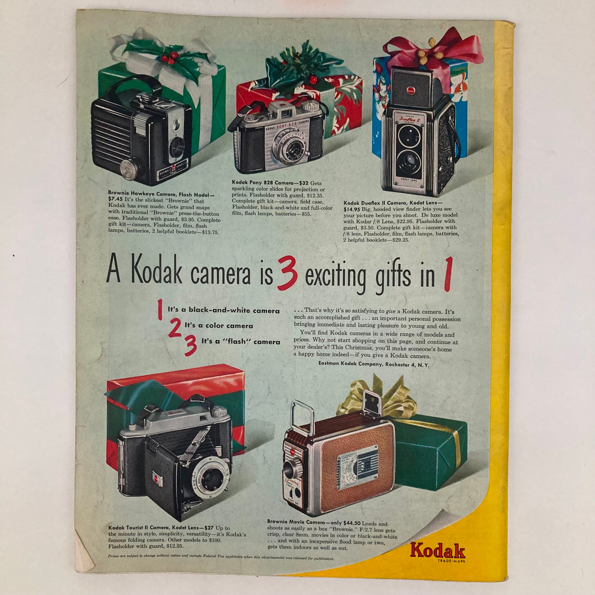 Vintage advertisement for Kodak cameras, showcasing 'A Kodak camera is 3 exciting gifts in 1' with multiple camera models under Christmas-themed decor. This ad originally featured on the Saturday Evening Post December 8, 1951, illustrated cover by John Falter.