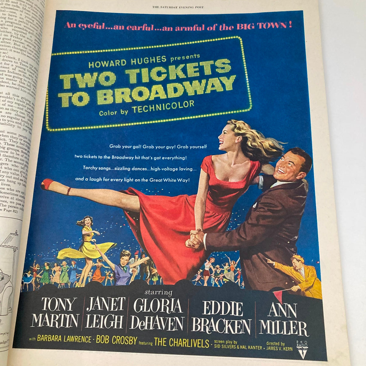 Movie advertisement for 'Two Tickets to Broadway' in Saturday Evening Post November 17 1951 highlighting cast and colorful imagery.