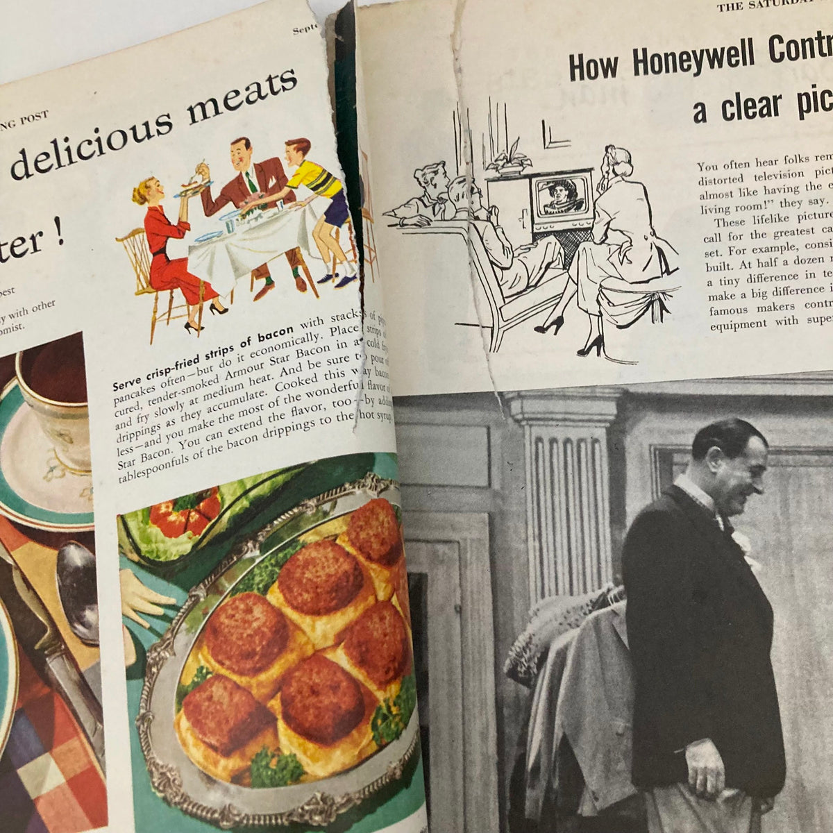 Inside pages of the Saturday Evening Post September 29 1951, featuring advertisements and colorful illustrations, showcasing 1950s culinary themes and television culture.