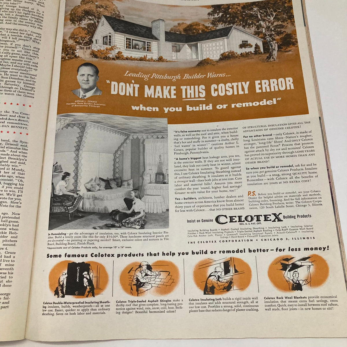 Interior advertisement from the Saturday Evening Post September 29 1951, showcasing building products with vintage style, featuring an illustration of a home, builder advice, and Celotex insulation products.