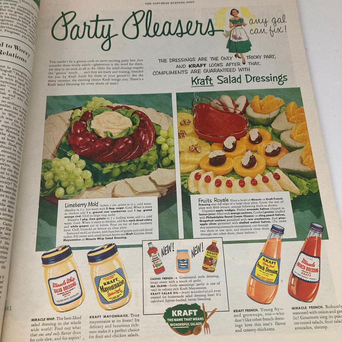 Saturday Evening Post January 19 1952 showcasing a Kraft Salad Dressings advertisement featuring various salads and dressings including Limeberry Mold and Fruits Royale.