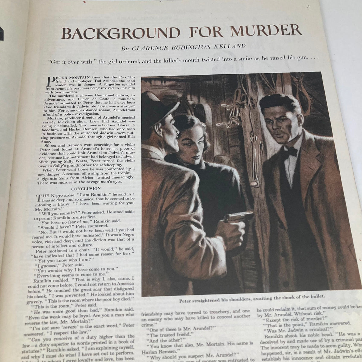 Saturday Evening Post January 19 1952 featuring a dramatic illustration for the story 'Background for Murder' with characters holding a gun and expressing tense emotions.