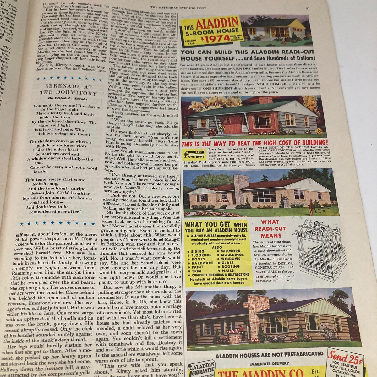 Saturday Evening Post January 19 1952 displaying an advertisement for Aladdin read-cut houses, featuring various home designs and building instructions.