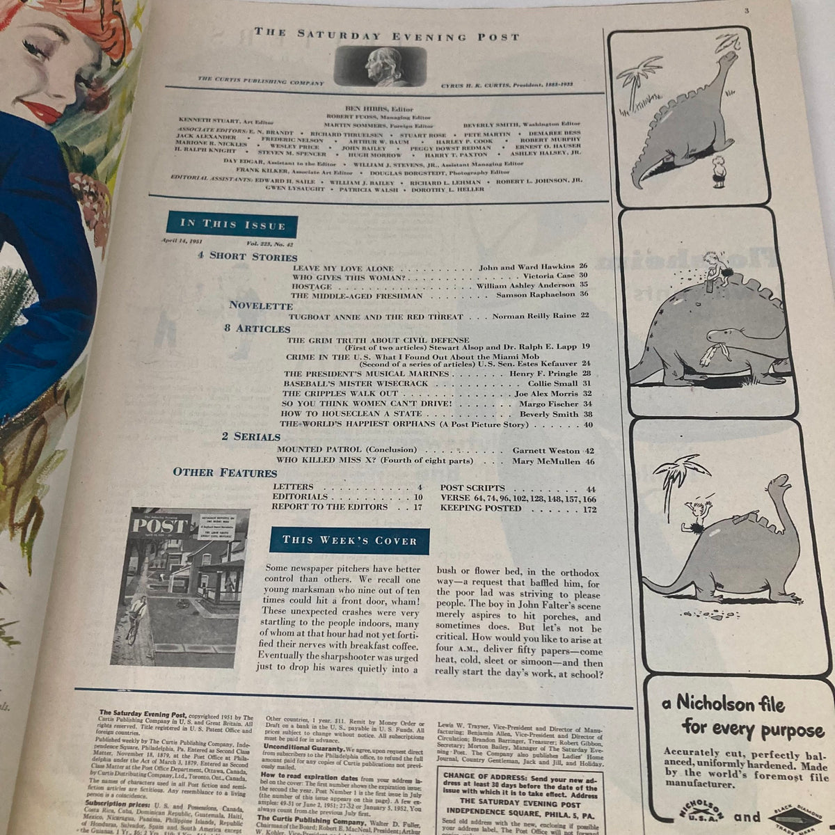 Inside page of Saturday Evening Post Magazine April 14, 1951, displaying the editorial section with contents and features list.