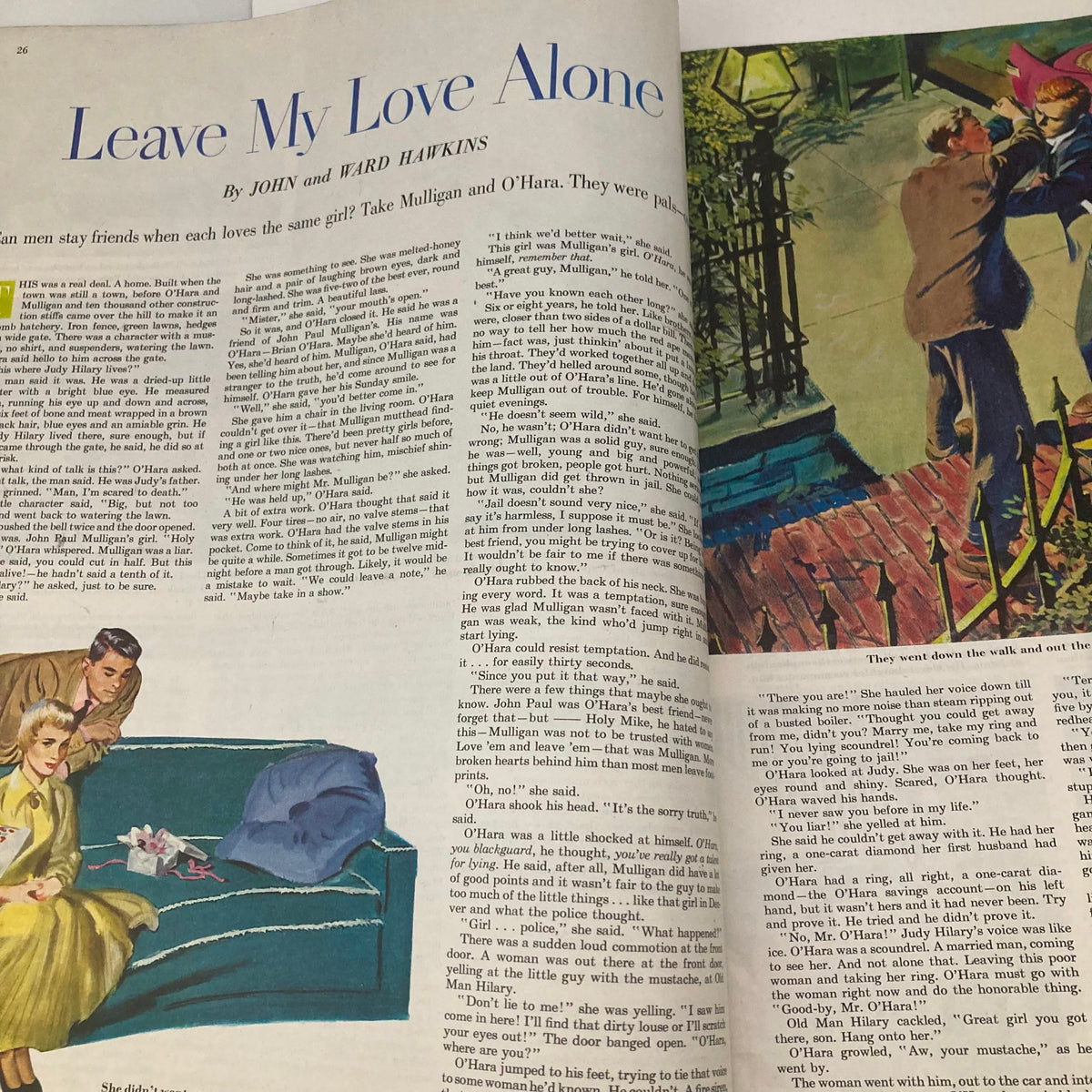 Page featuring the short story 'Leave My Love Alone' in Saturday Evening Post Magazine April 14, 1951, with a dramatic scene of a couple on a porch.