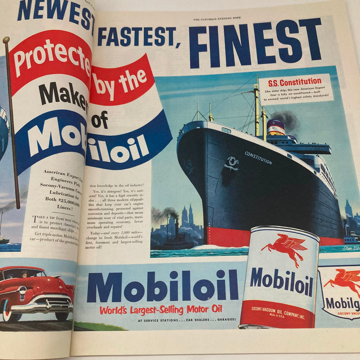 Advertisement for Mobil oil in Saturday Evening Post Magazine April 14, 1951, highlighting the S.S. Constitution, the newest and fastest ship.