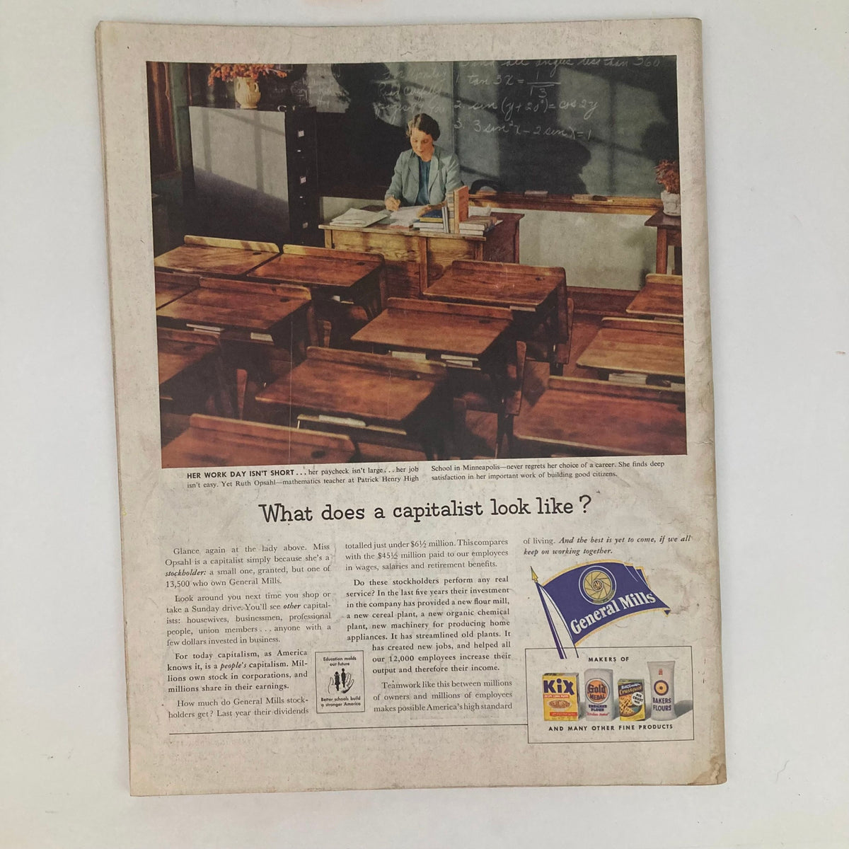 Illustrated magazine page featuring a female teacher in a classroom, accompanying the Saturday Evening Post Magazine April 14, 1951. The image highlights a nostalgic scene representative of early 1950s education.