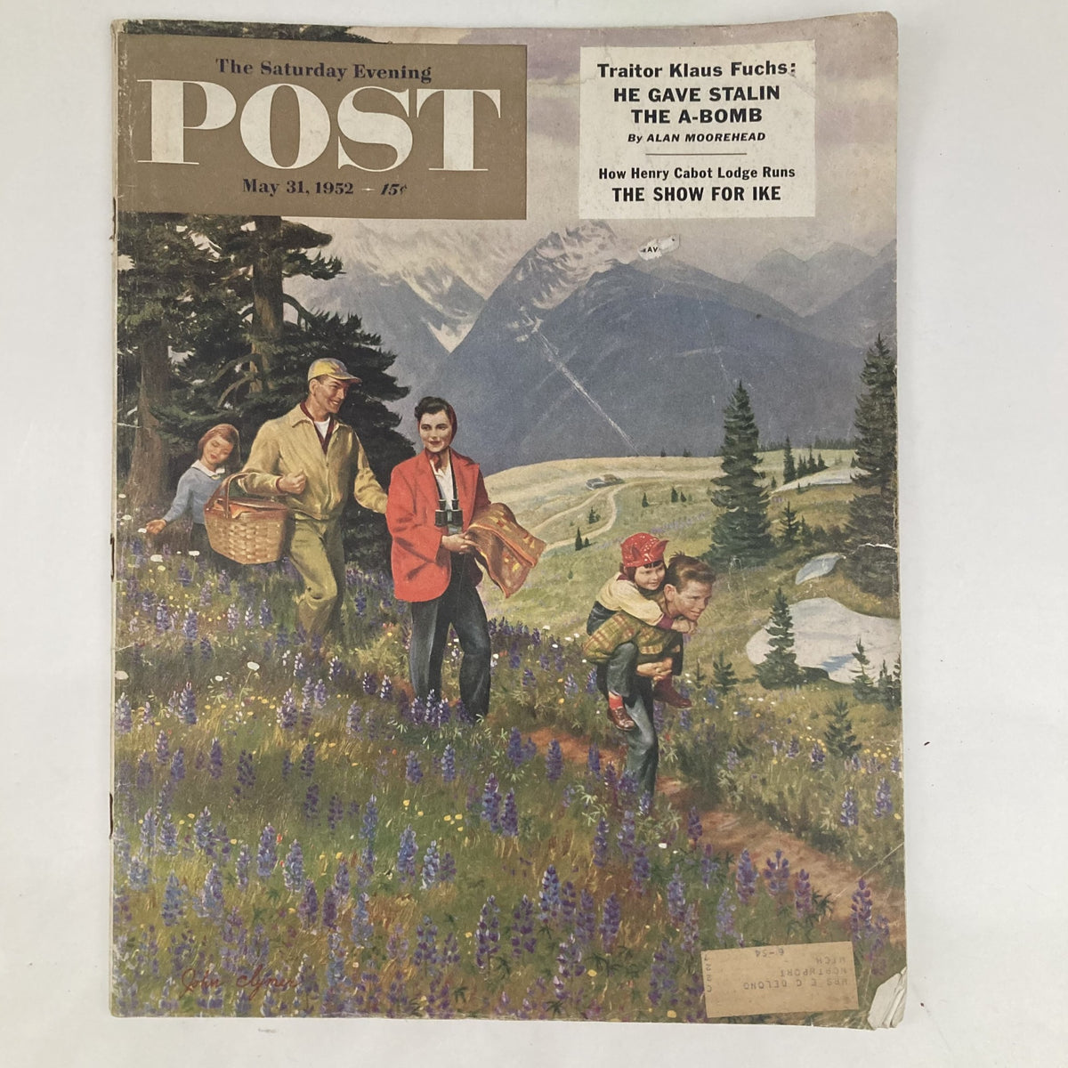 Cover of the Saturday Evening Post Magazine dated May 31, 1952, illustrated by John Clymer, featuring a family walking through a beautiful mountain landscape with flowers.