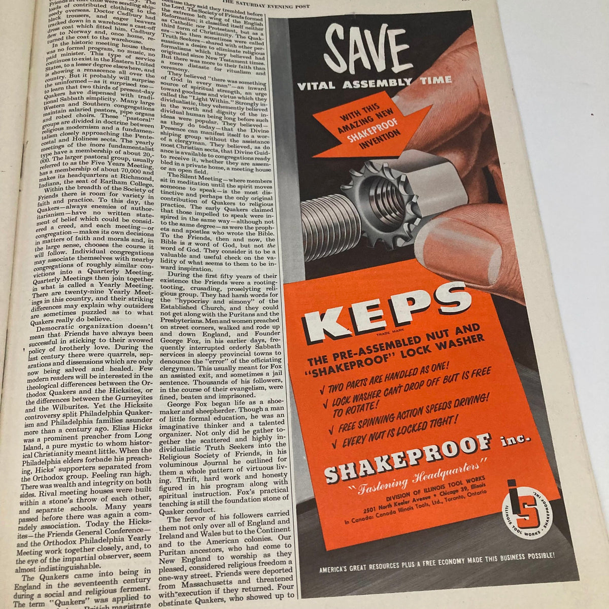 Image from the Saturday Evening Post Magazine March 24, 1951, displaying an advertisement for Shakeproof fasteners, featuring a close-up of a nut and bolt.