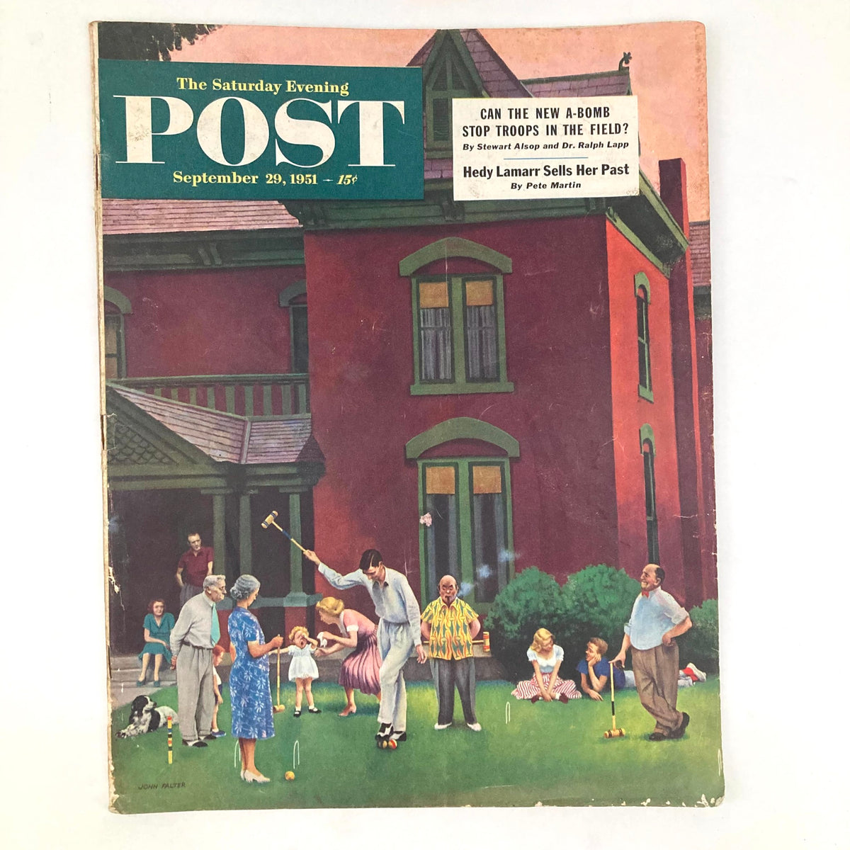 Cover of Saturday Evening Post Magazine September 29 1951 featuring an illustration by John Falter, depicting a lively scene with families playing croquet in a garden setting.