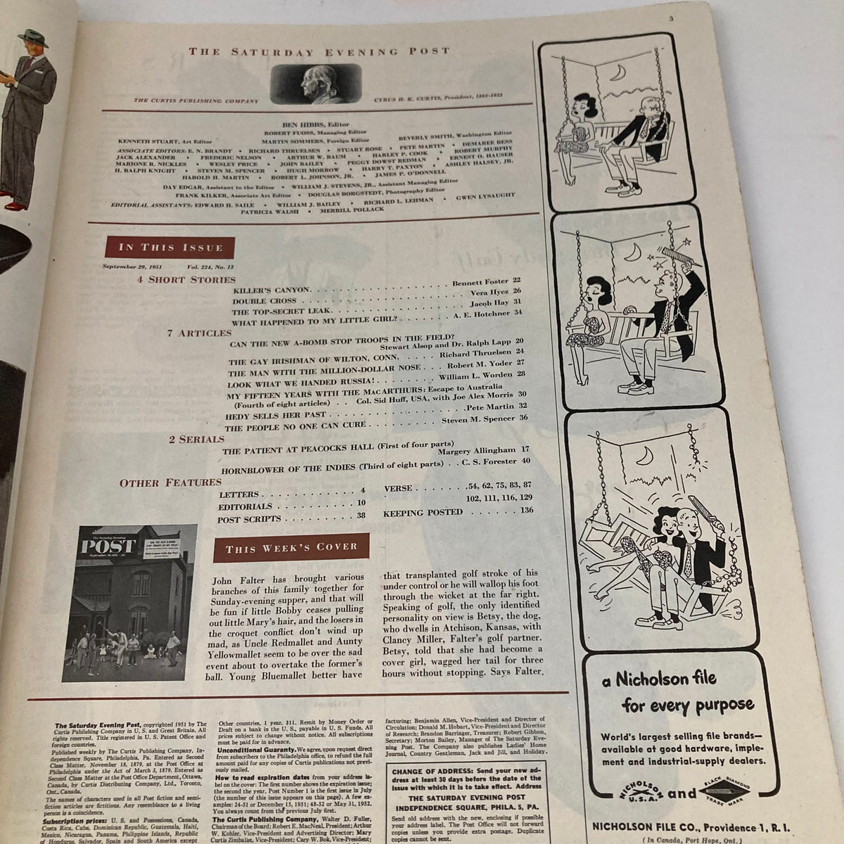 Inside page of Saturday Evening Post Magazine September 29 1951 showing the table of contents and highlights from the issue, providing a glimpse into the magazine's articles.
