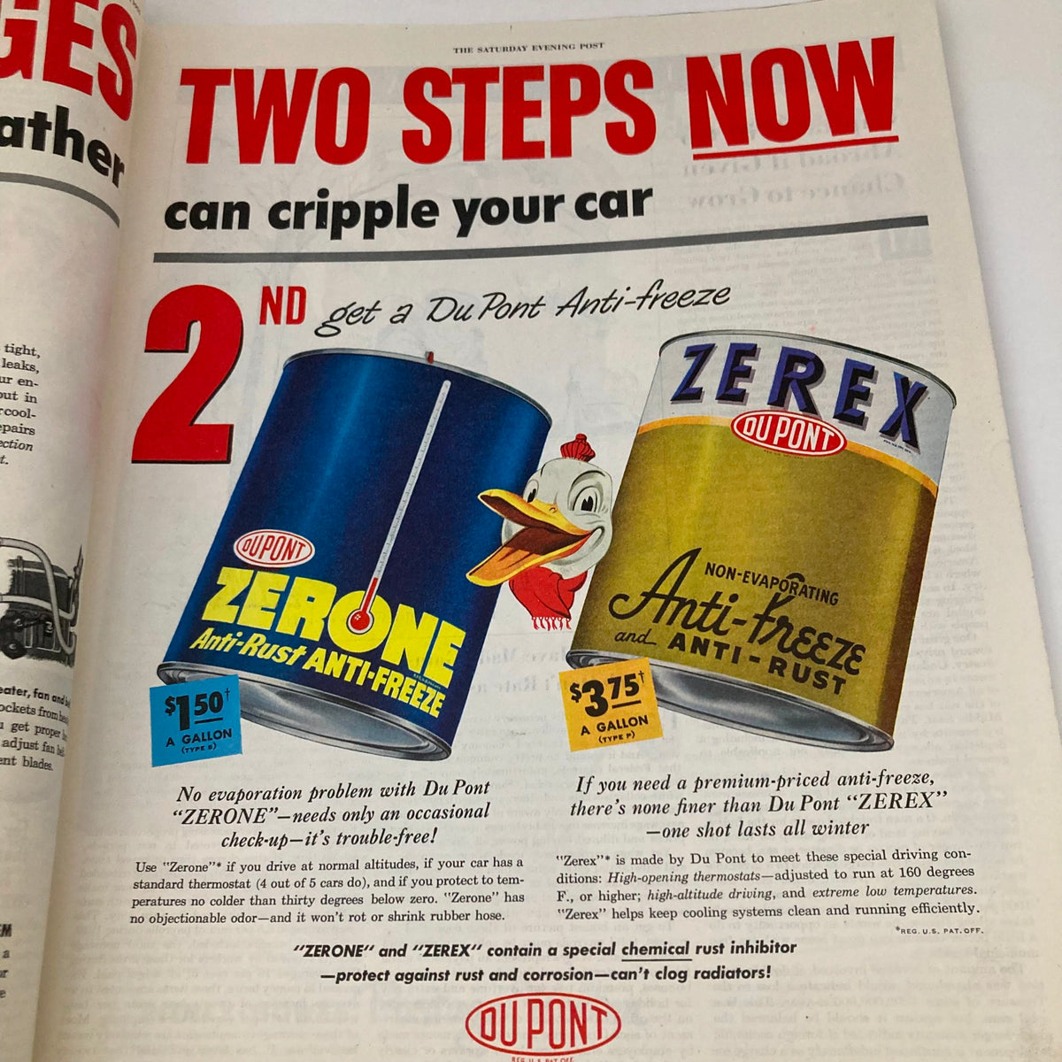 Advertisement from Saturday Evening Post Magazine September 29 1951 promoting DuPont anti-freeze products, featuring vibrant graphics and pricing information.