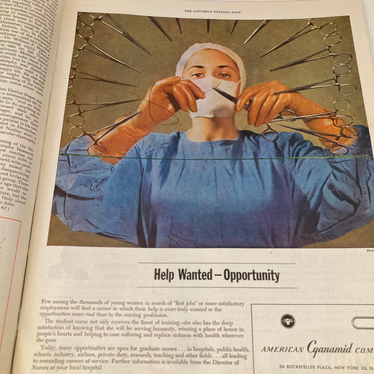 Saturday Evening Post Magazine September 29 1951 Cover by John Falter featuring a nurse preparing for surgery, illustrating the theme of healthcare opportunities in the 1950s.