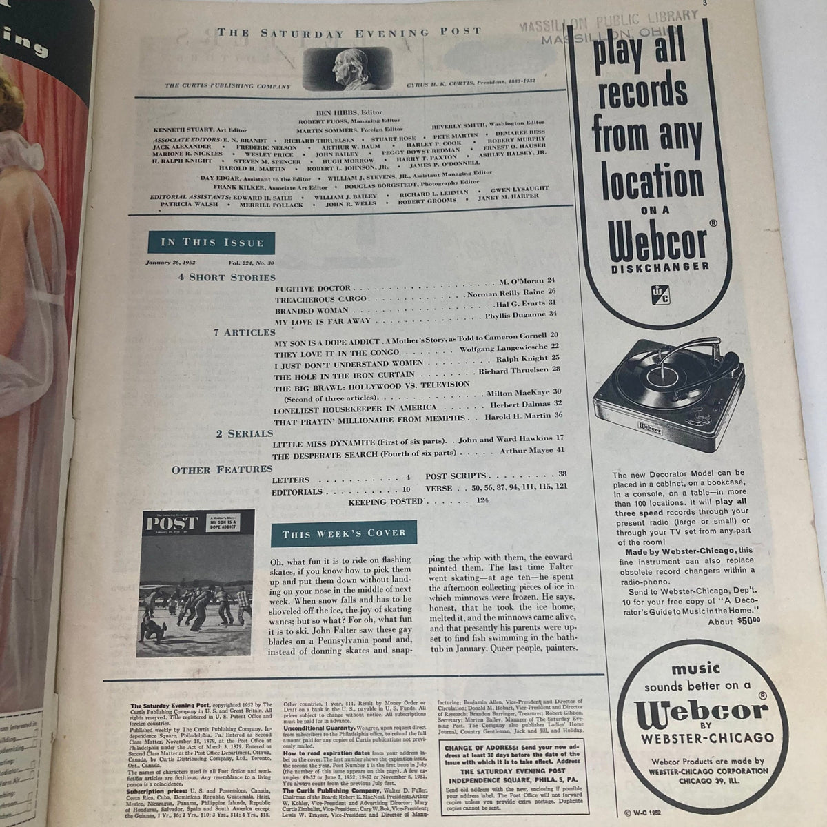 Interior page of the Saturday Evening Post Magazine January 26 1952, featuring the table of contents and advertisements showcasing the diverse articles and entertainment of the era.