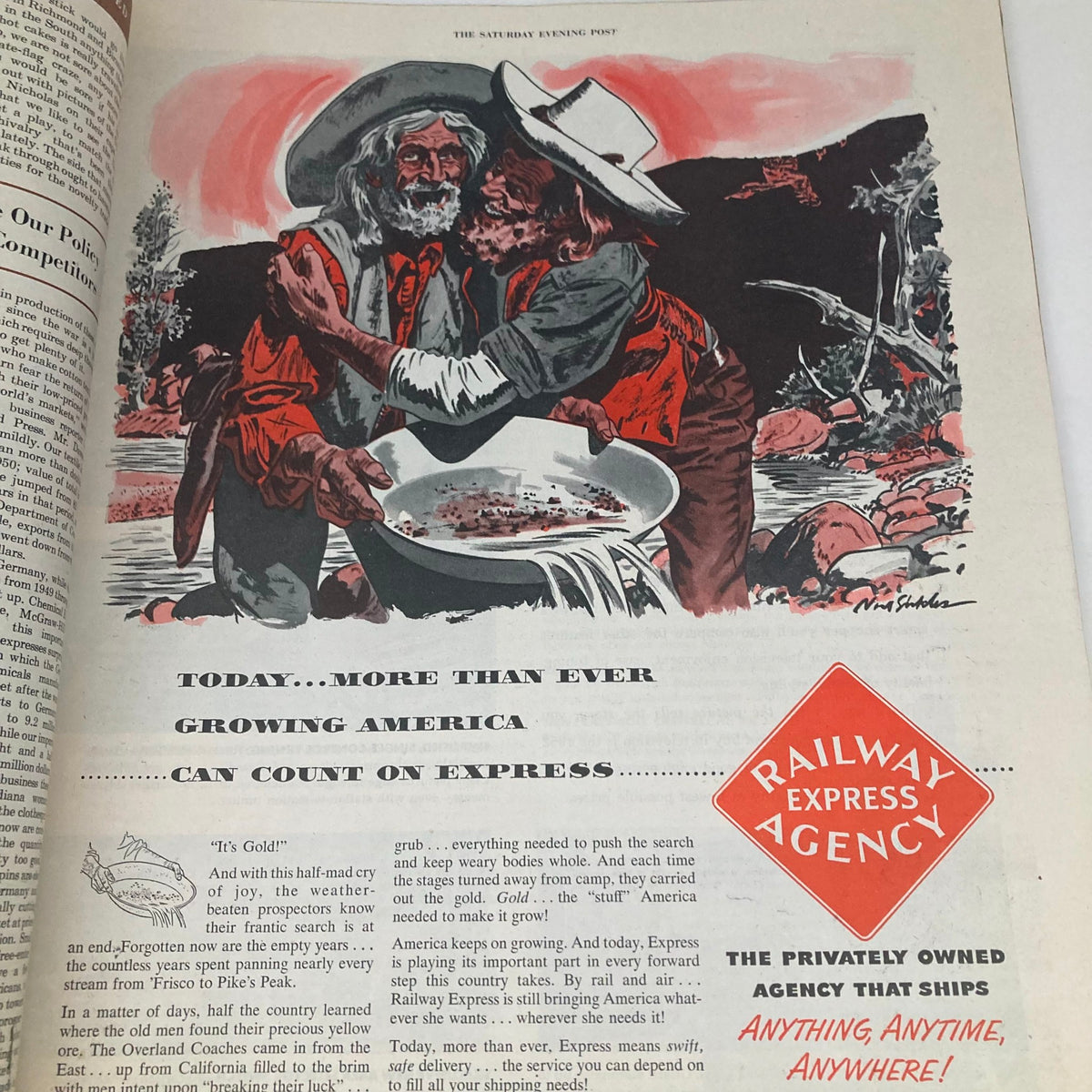 Advertisement from the Saturday Evening Post Magazine January 26 1952, displaying an illustrated scene of prospectors celebrating gold panning, reflecting the adventurous spirit of early American culture.