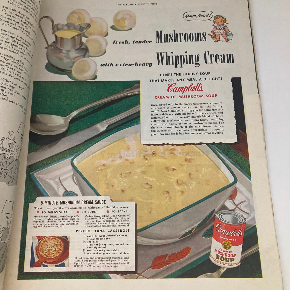 Campbell's Soup advertisement in the Saturday Evening Post Magazine January 26 1952, promoting mushroom cream soup with an appealing illustrated dish, emphasizing classic American cuisine.