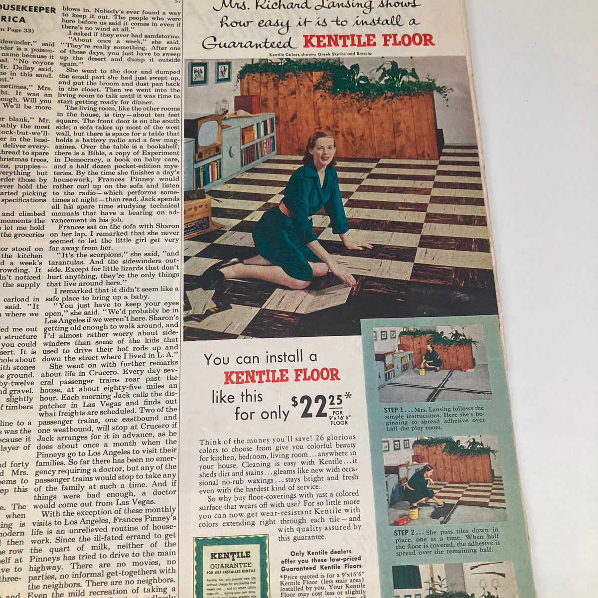 Kentile Floor advertisement in the Saturday Evening Post Magazine January 26 1952, featuring a woman demonstrating floor installation, showcasing mid-century modern home improvement products.