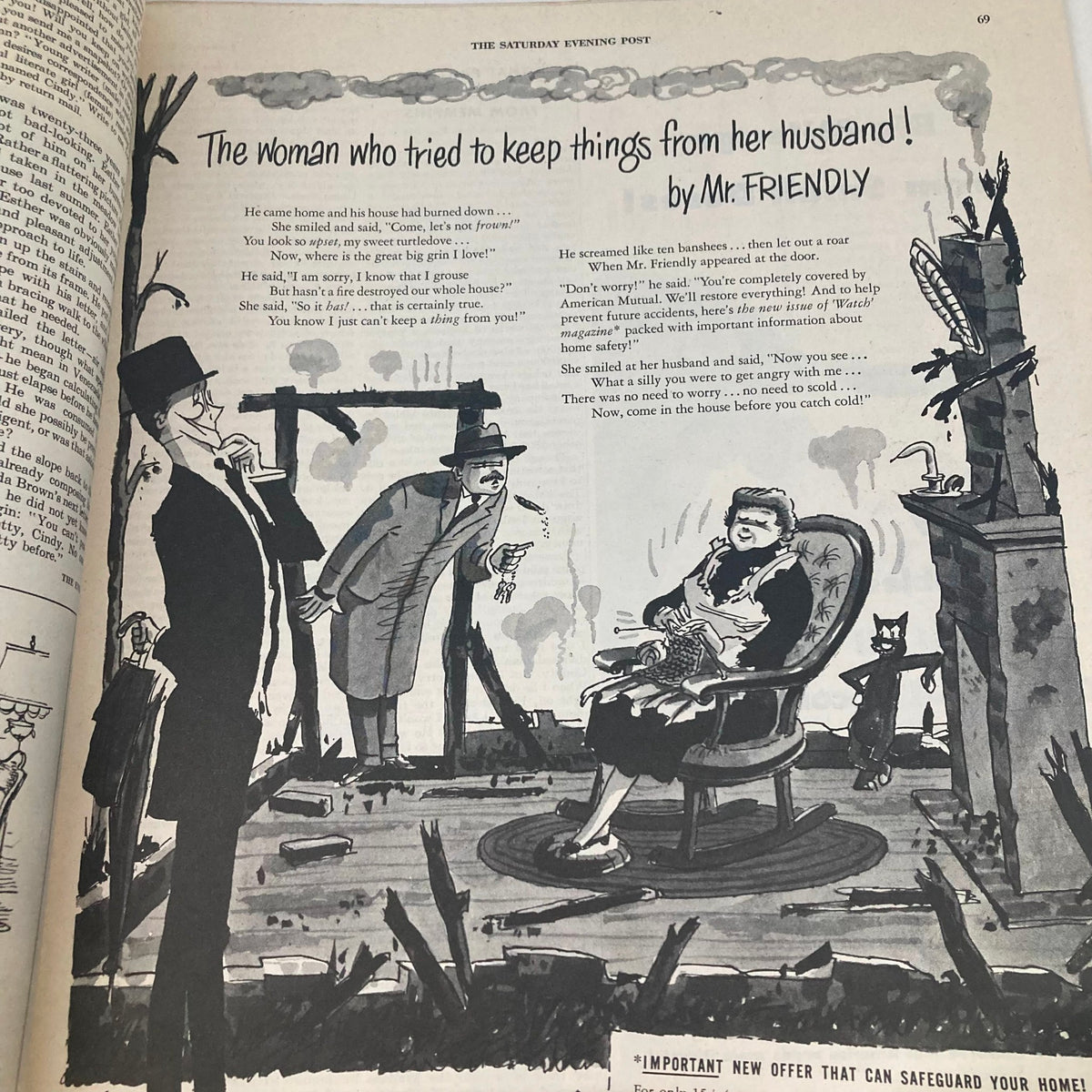 Page from Saturday Evening Post Magazine January 26 1952 featuring a humorous illustration titled 'The woman who tried to keep things from her husband' by Mr. Friendly, showcasing vintage characters and nostalgic art style.