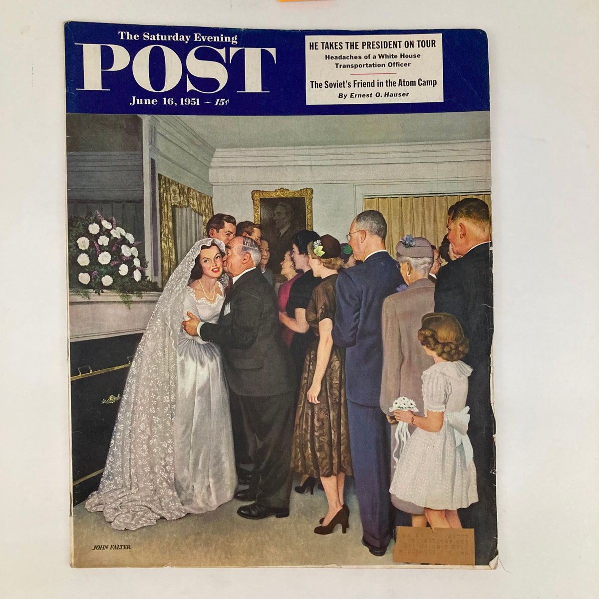Illustrated cover of Saturday Evening Post Magazine from June 16, 1951, featuring a wedding scene designed by John Falter, showcasing mid-20th century Americana with elegant attire and vintage decor.