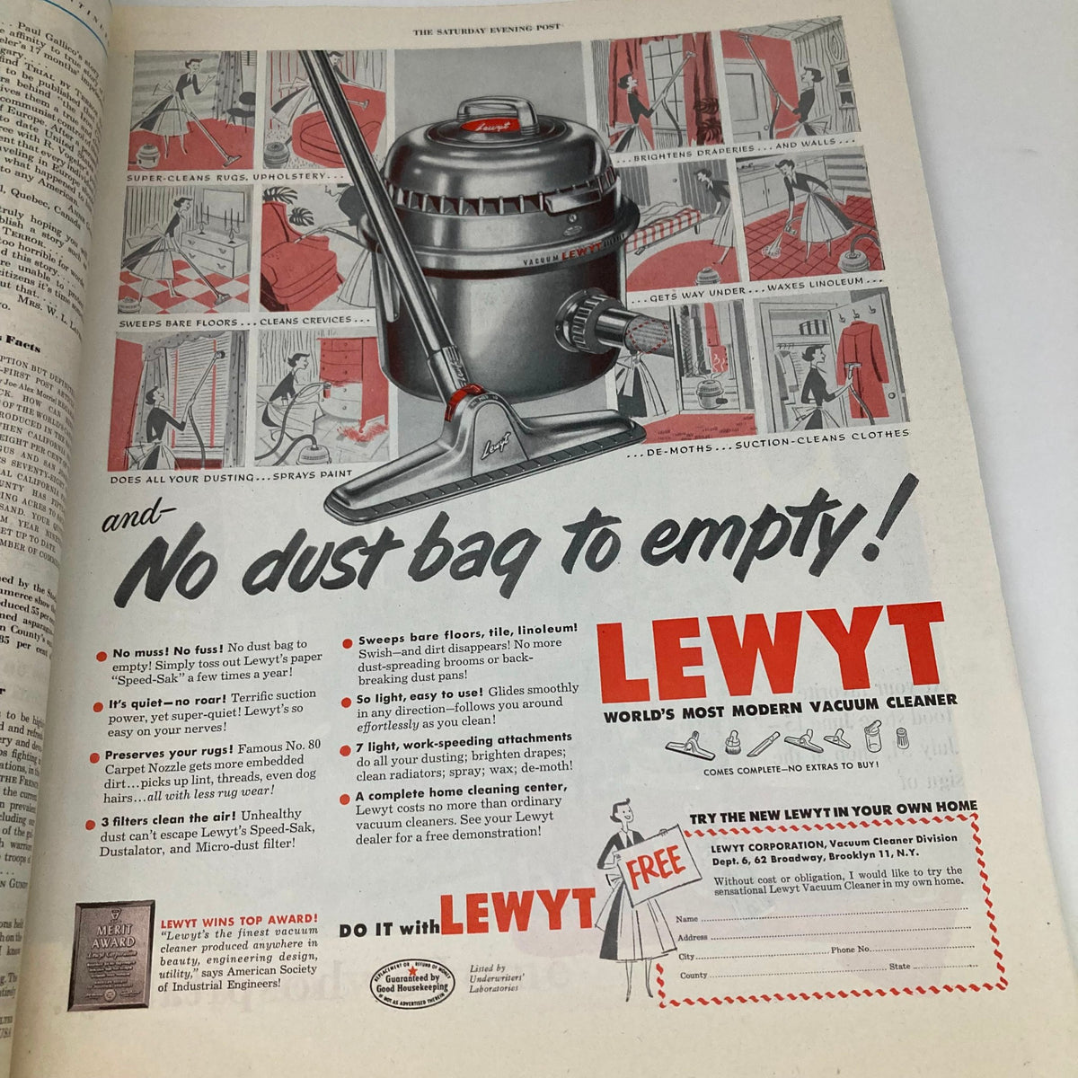 Advertisement page from the Saturday Evening Post Magazine June 16 1951, featuring the Lewyt vacuum cleaner, highlighting the modern design and features of household cleaning technology from that era.