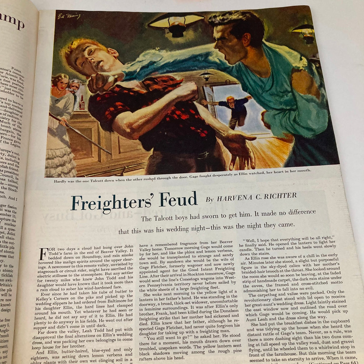 Article page from the Saturday Evening Post Magazine June 16 1951, titled 'Freighters' Feud' written by Harvena C. Richter, featuring captivating illustration depicting a dramatic scene, representative of storytelling in 1950s magazines.