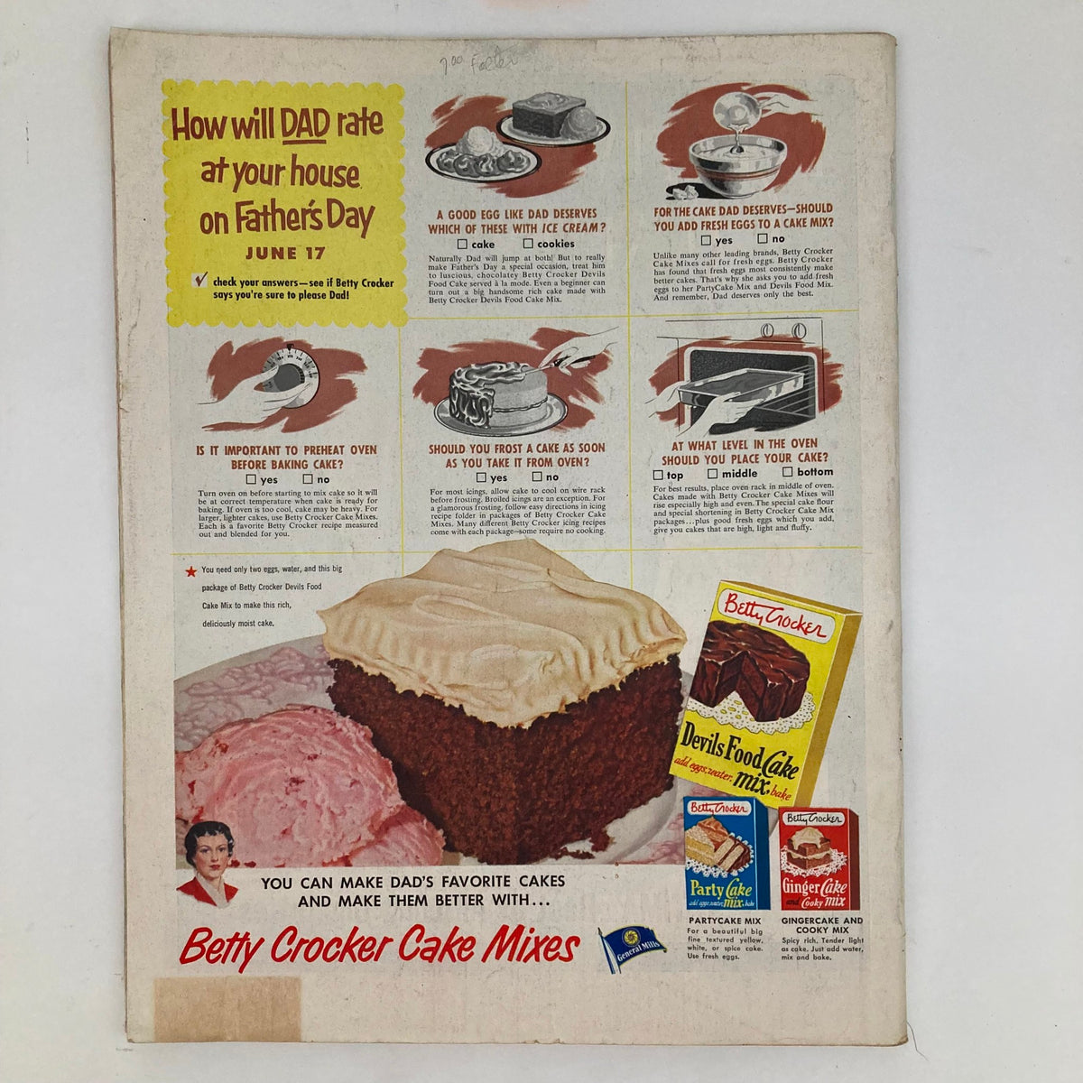 Saturday Evening Post Magazine June 16 1951 back cover showcasing a Betty Crocker advertisement for cake mixes, featuring instructions and a delicious chocolate cake with frosting, highlighting Father's Day themes.