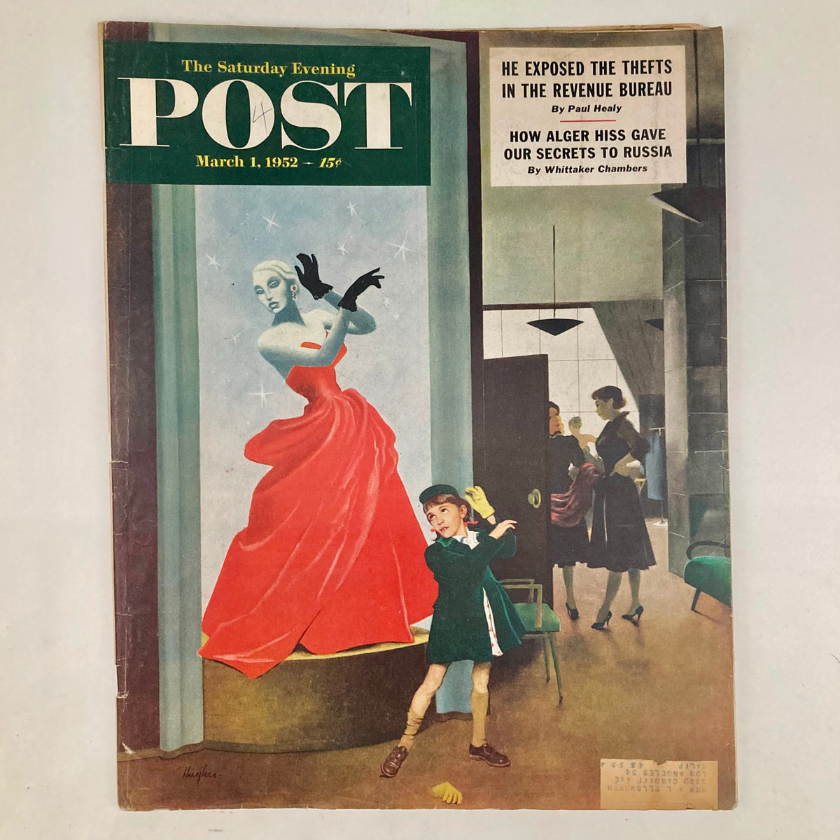 Illustrated cover of the Saturday Evening Post Magazine dated March 1, 1952, featuring a glamorous woman in a red dress and a young boy in a green outfit, showcasing the artistic style of George Hughes.