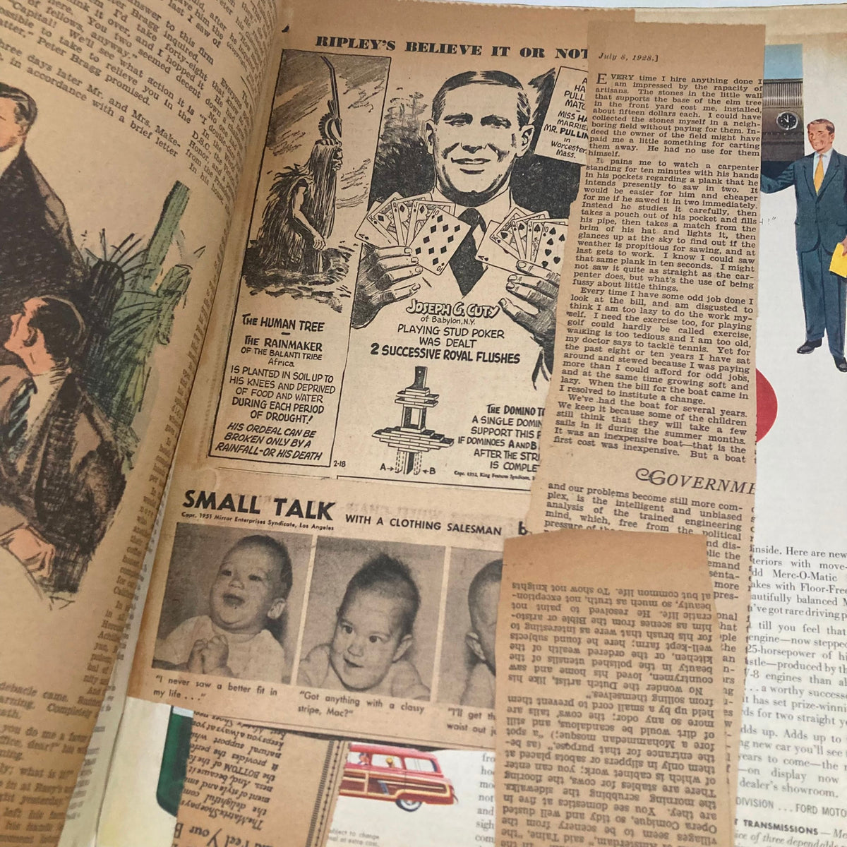 Collage of newspaper clippings and articles from the Saturday Evening Post Magazine March 1, 1952, featuring Ripley's Believe It or Not, and commentary on historical anecdotes.