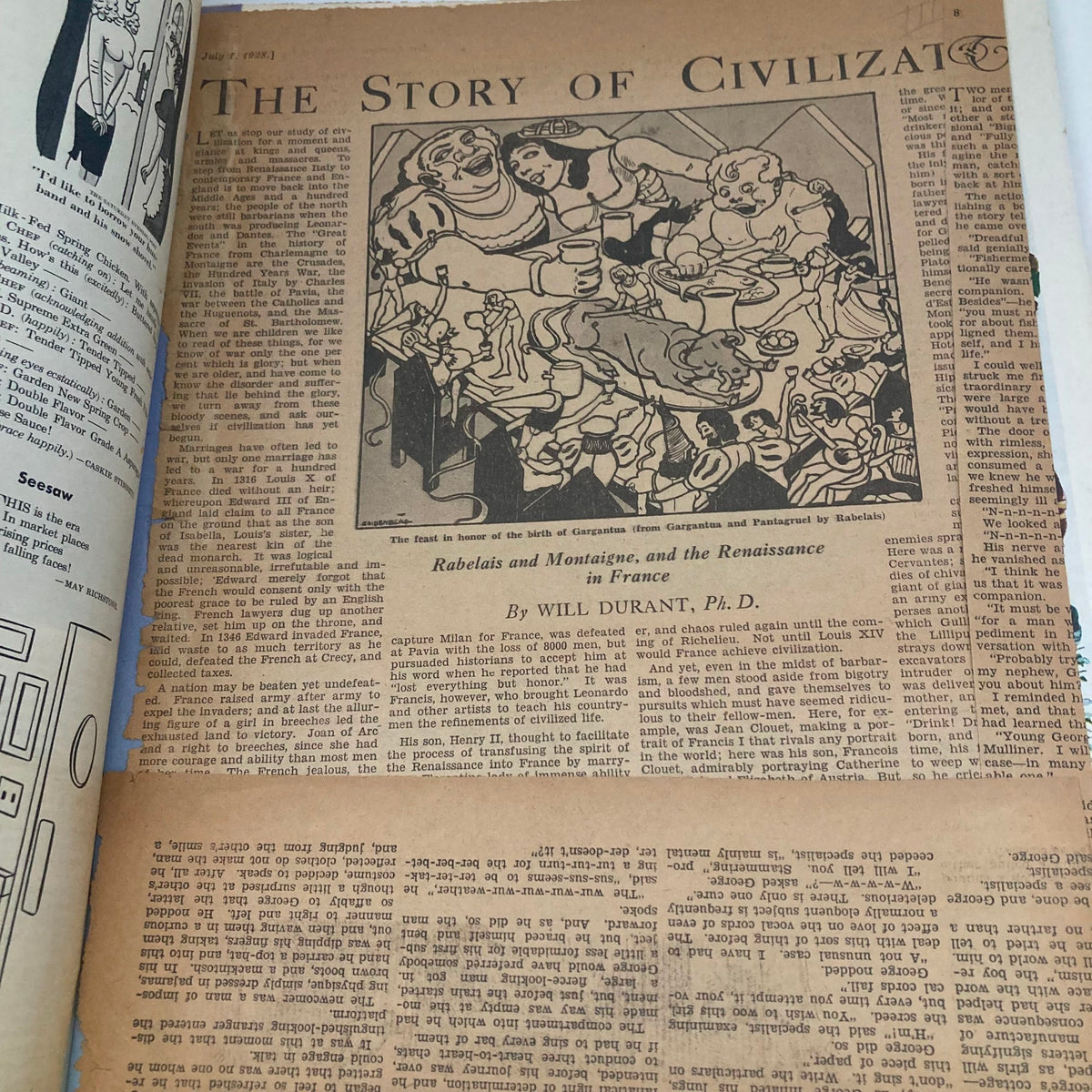 Article titled 'The Story of Civilization' from the Saturday Evening Post Magazine March 1, 1952, featuring an illustration depicting a historical feast.
