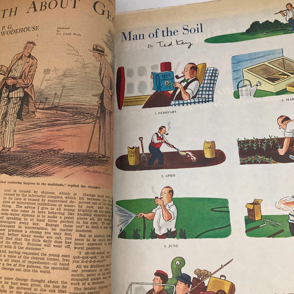 Illustrated article 'Man of the Soil' from the Saturday Evening Post Magazine March 1, 1952, detailing seasonal gardening tips with colorful illustrations.