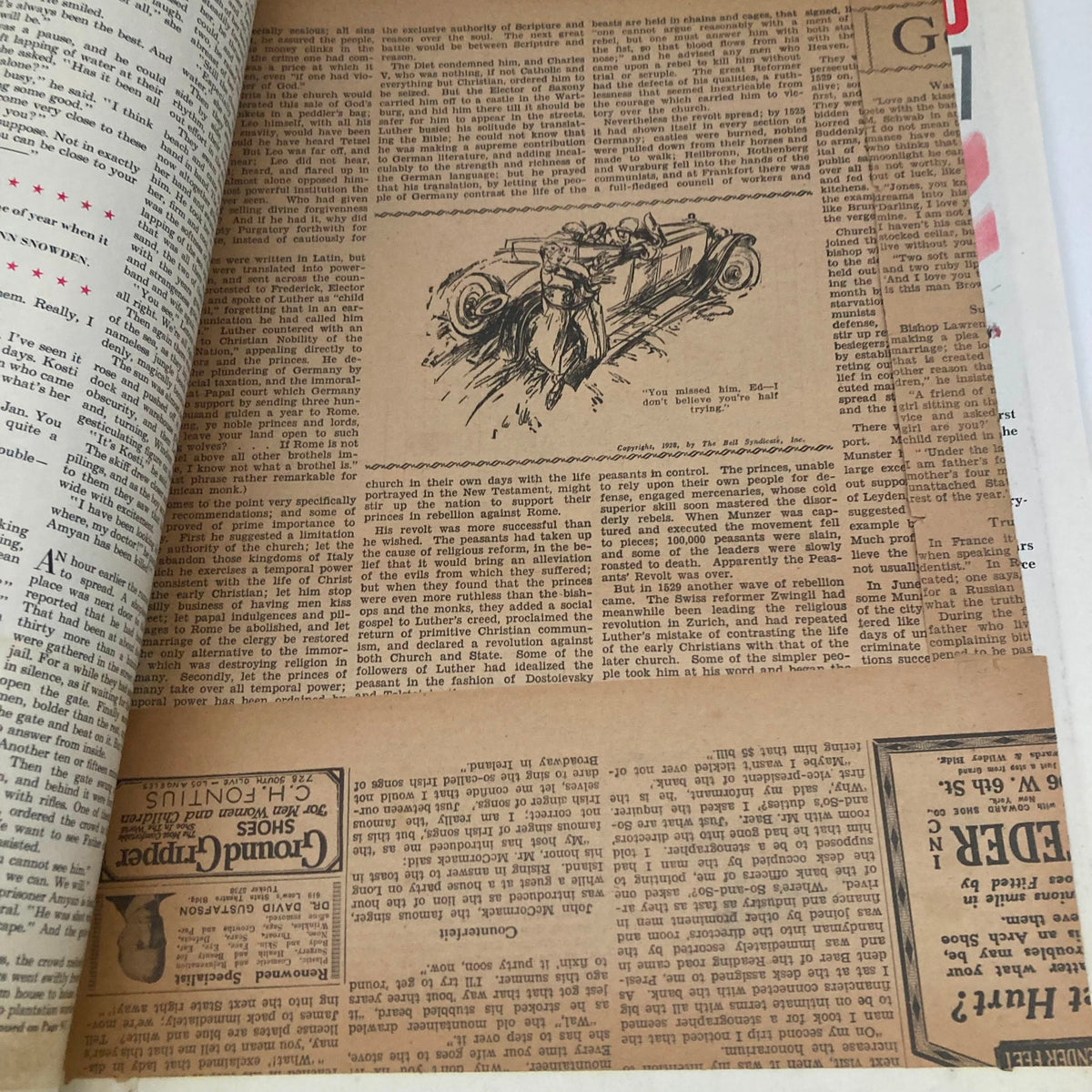 Page from the Saturday Evening Post Magazine March 1 1952 showcasing newspaper clips and text, reflecting historical narrative and vintage publication content.