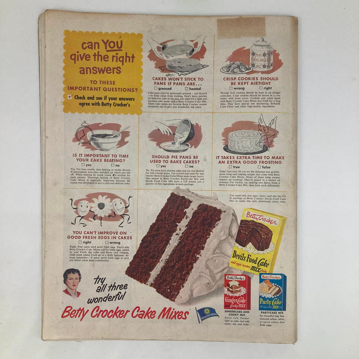 Betty Crocker advertisement featured in the Saturday Evening Post Magazine March 1 1952, promoting cake mixes and providing baking tips with illustrated questions.