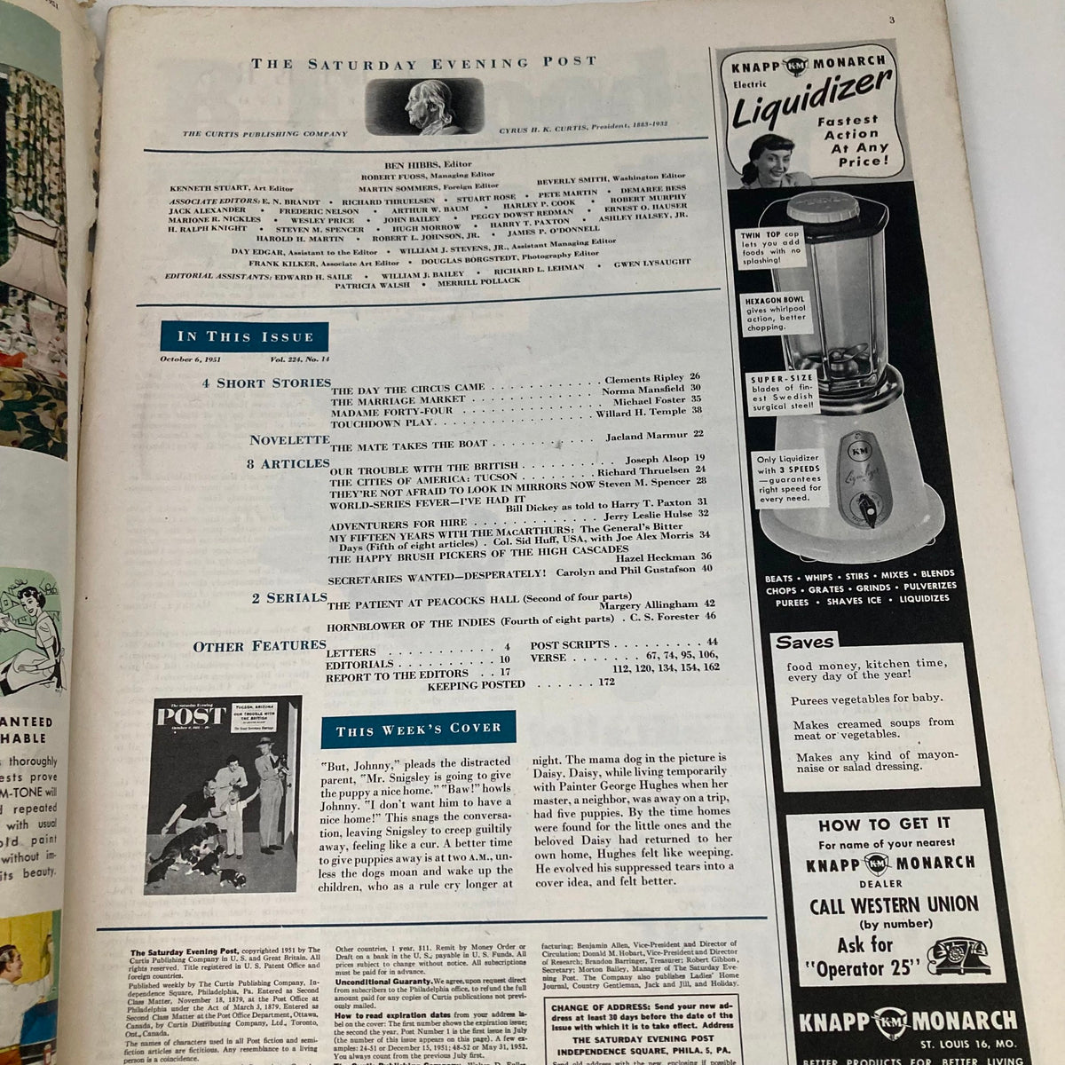 Inside page of Saturday Evening Post Magazine October 6, 1951 showcasing the editorial section including article titles and features.