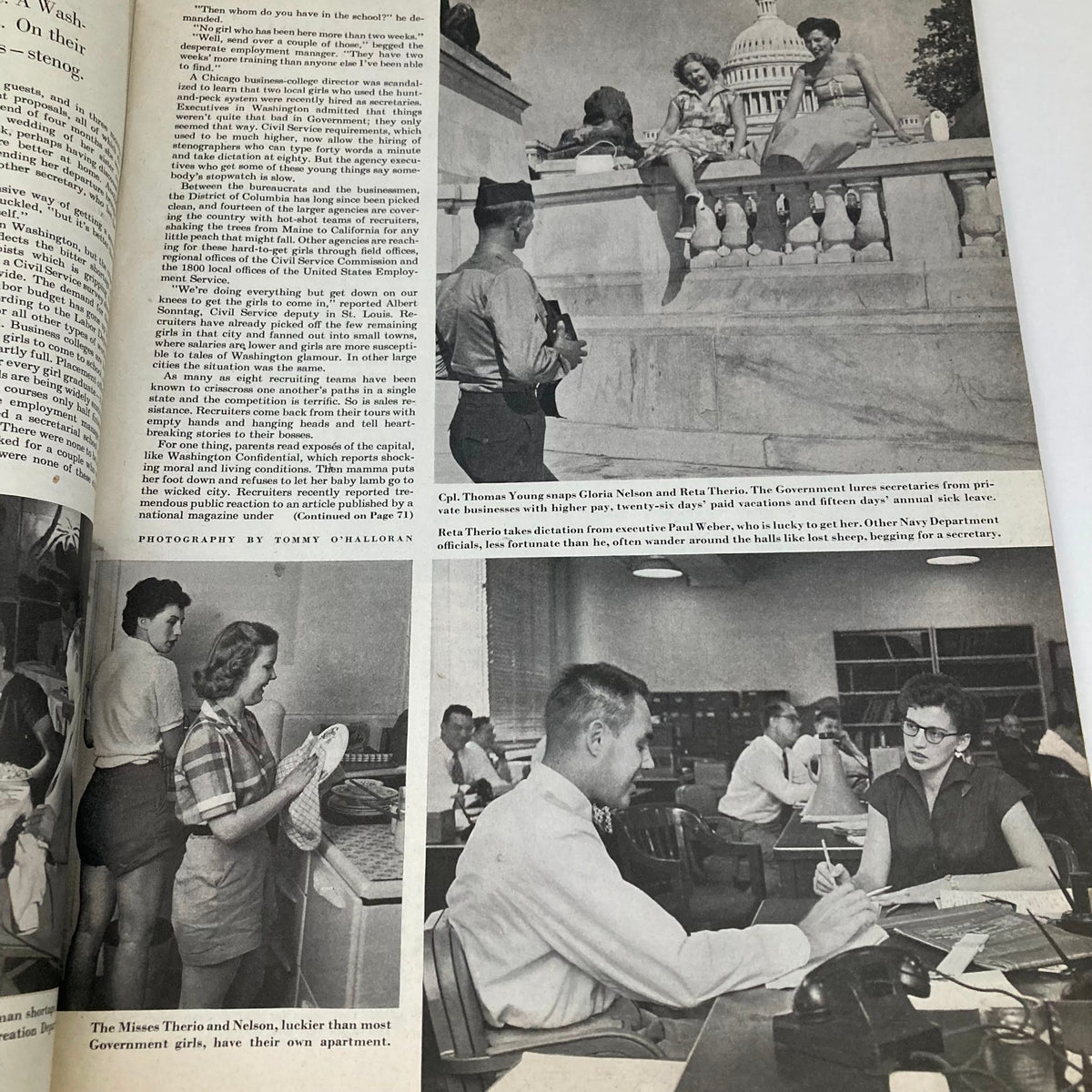 Photograph by Tommy O'Halloran in Saturday Evening Post Magazine October 6, 1951 featuring scenes of government workers including Gloria Nelson and Reta Therio.