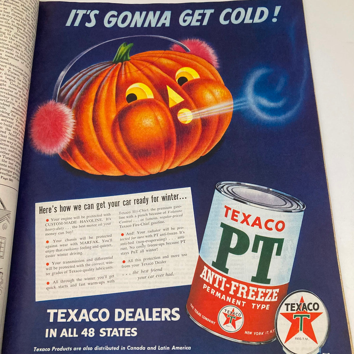 Colorful advertisement in Saturday Evening Post Magazine October 6, 1951 for Texaco anti-freeze featuring a pumpkin illustration.