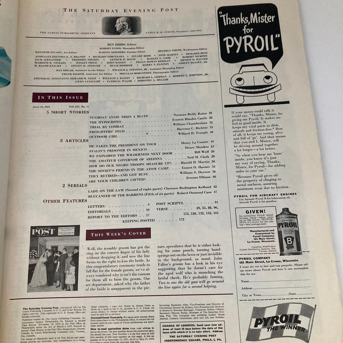 Table of contents of the Saturday Evening Post magazine from June 16, 1951, featuring titles of articles and a glimpse of the cover story, reflecting the publication's layout style.