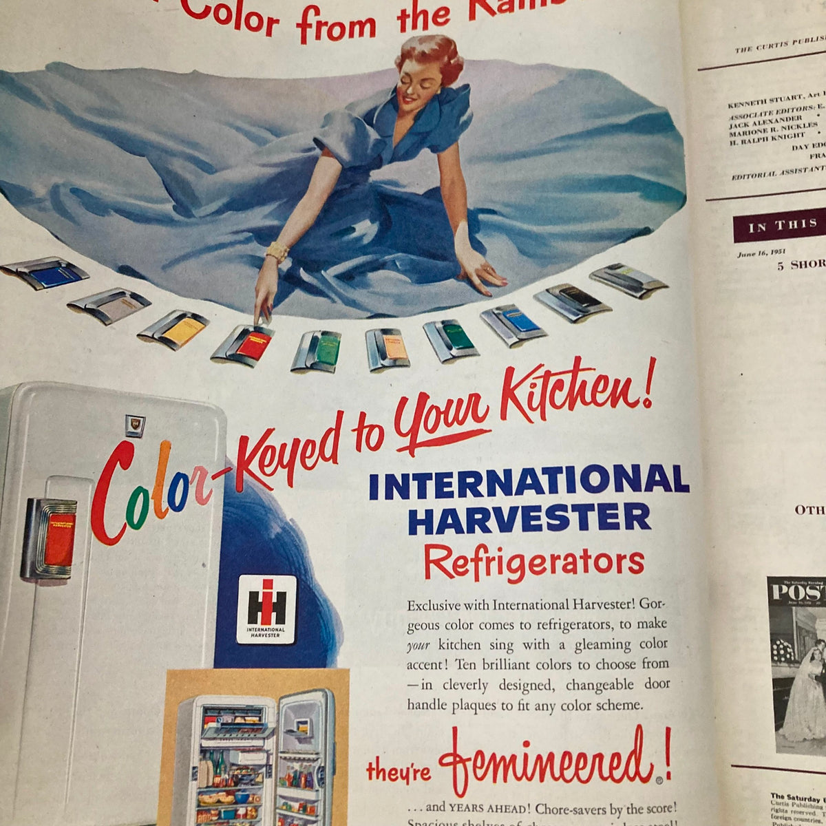 Vintage advertisement for International Harvester Refrigerators in the June 16, 1951 issue of Saturday Evening Post, highlighting colorful kitchen appliances popular during the era.