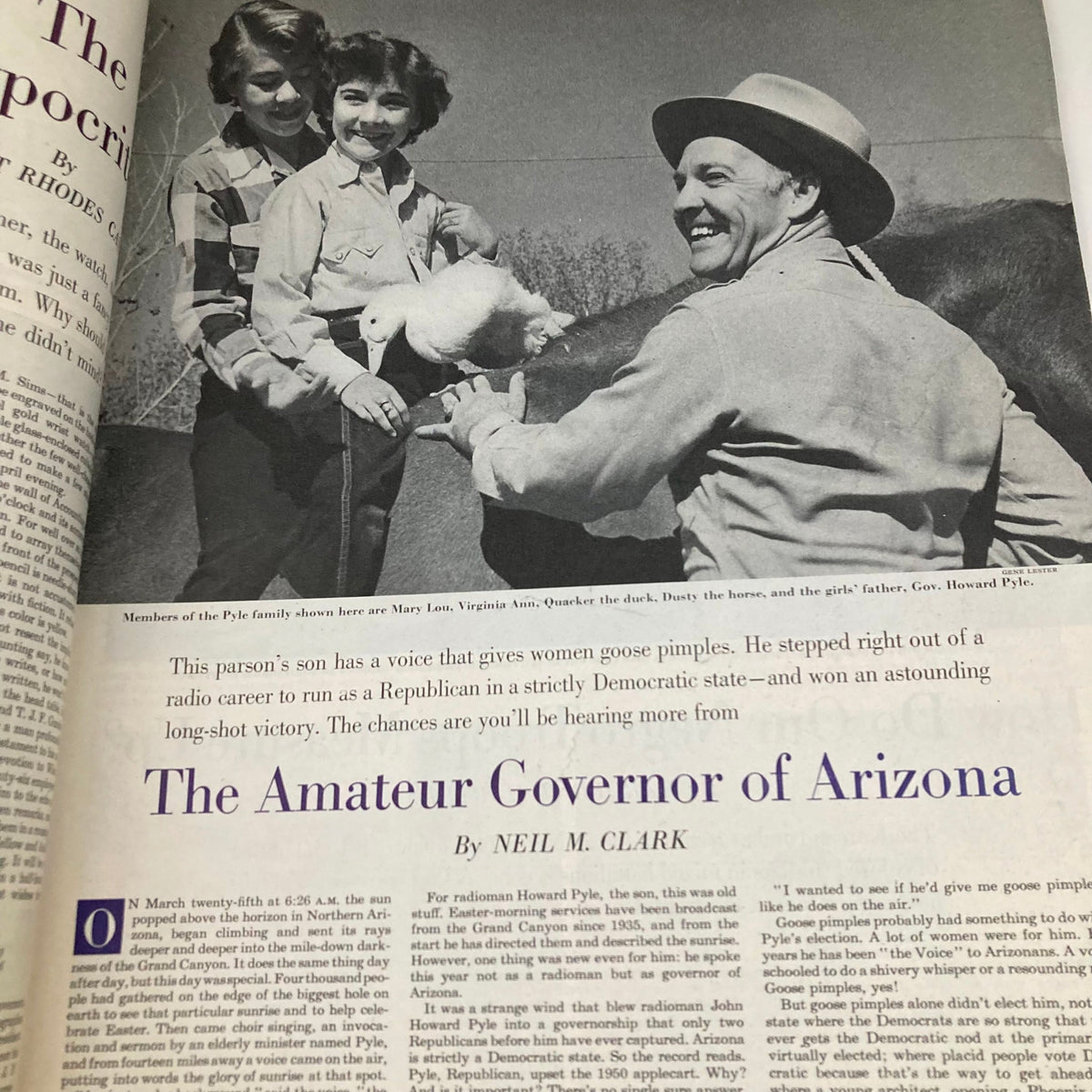 Feature article titled 'The Amateur Governor of Arizona' in the Saturday Evening Post from June 16, 1951, depicting Howard Pyle with his family and a duck, representing rural American life.