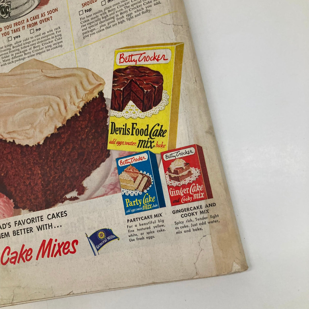 Saturday Evening Post June 16 1951 close-up of Betty Crocker cake mix products including Devils Food Cake Mix, Party Cake Mix, and Ginger Cake Mix with dessert images.