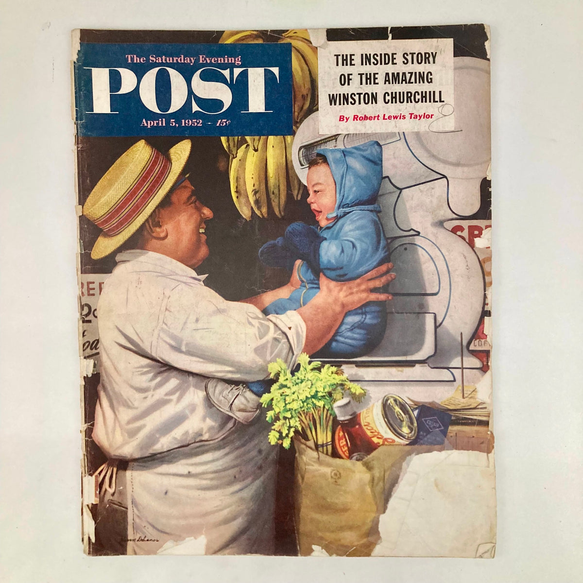 Saturday Evening Post Magazine April 5 1952 cover featuring a smiling man in a straw hat holding a joyful child in blue attire, with bananas hanging in the background and an illustration of Winston Churchill on the side.