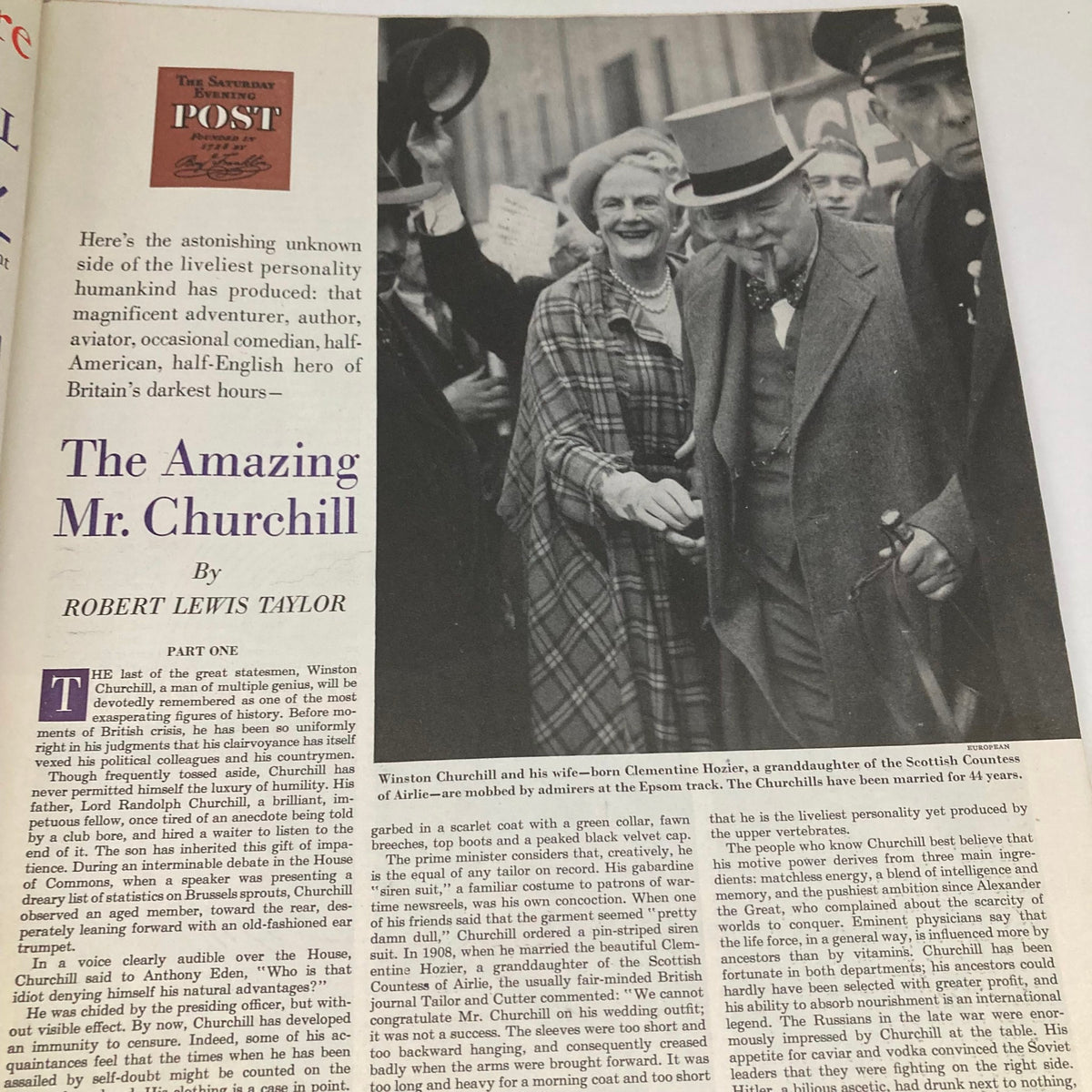 Article page titled 'The Amazing Mr. Churchill' in the Saturday Evening Post Magazine April 5 1952, featuring Winston Churchill, reflecting historical insights.