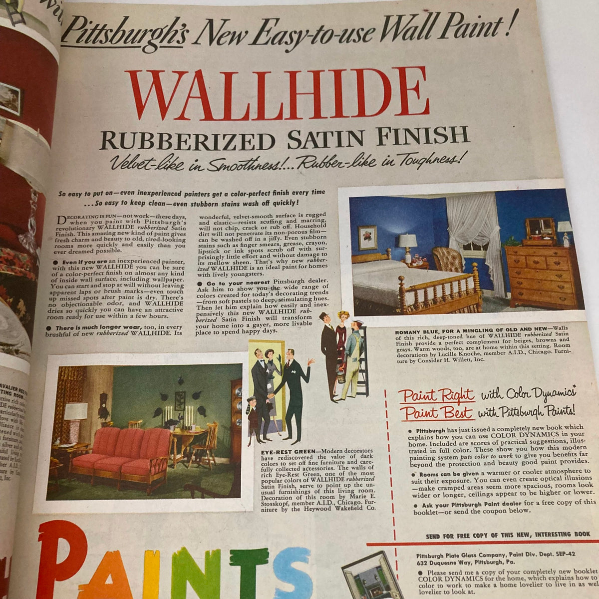 Advertisement page for Wallhide paint from the Saturday Evening Post Magazine April 5 1952, showcasing features of the product with a colorful design.