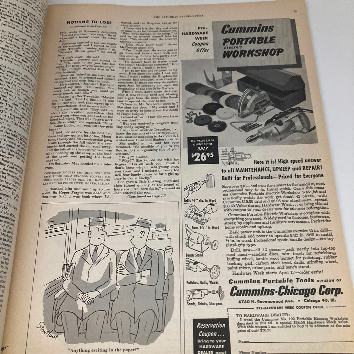 Page featuring the story 'Nothing to Lose' from the Saturday Evening Post Magazine April 5 1952, with an illustration and advertisements for Cummins tools.