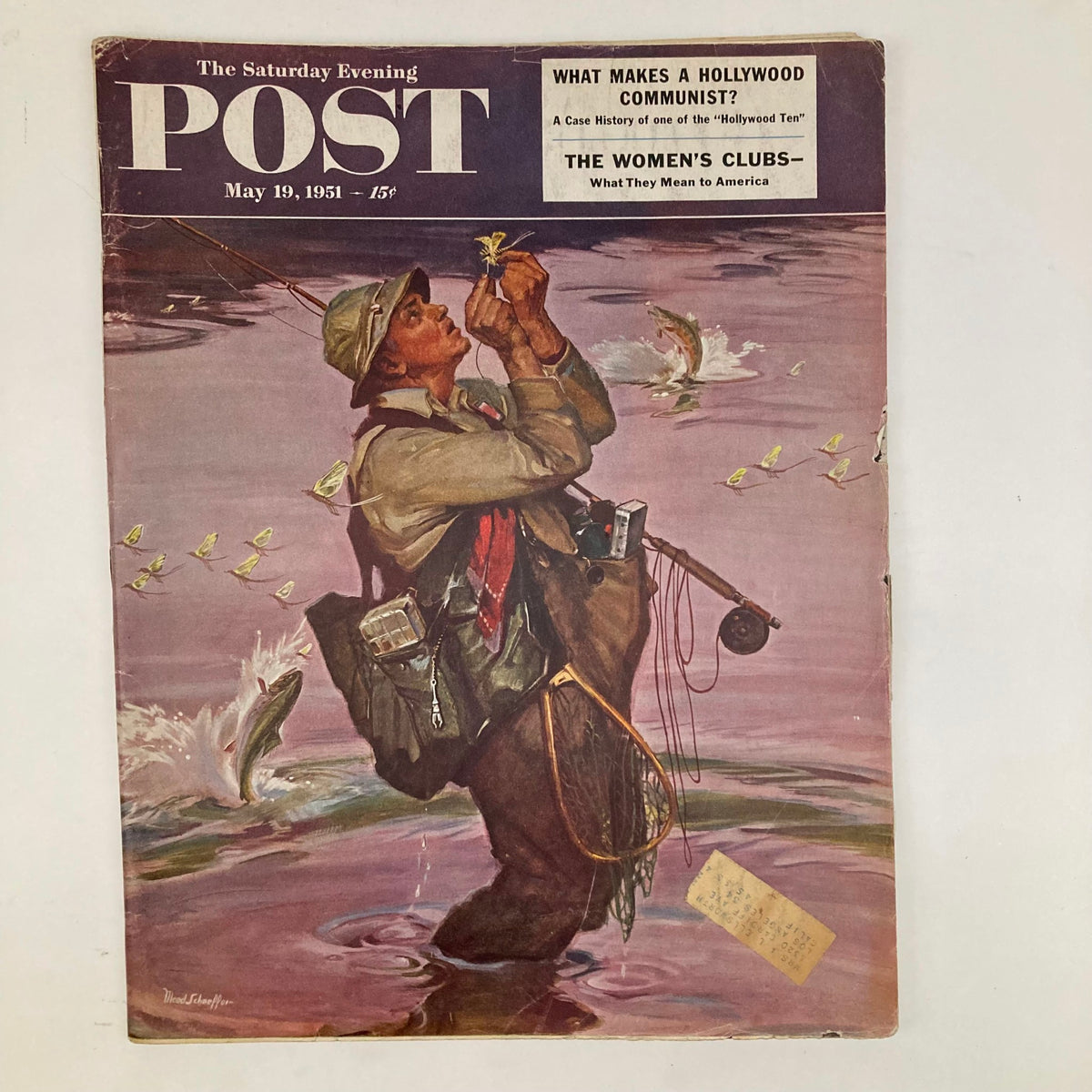 Cover of Saturday Evening Post Magazine May 19 1951 illustrated by Mead Schaeffer featuring a fisherman catching a fish, showcasing mid-century American art.