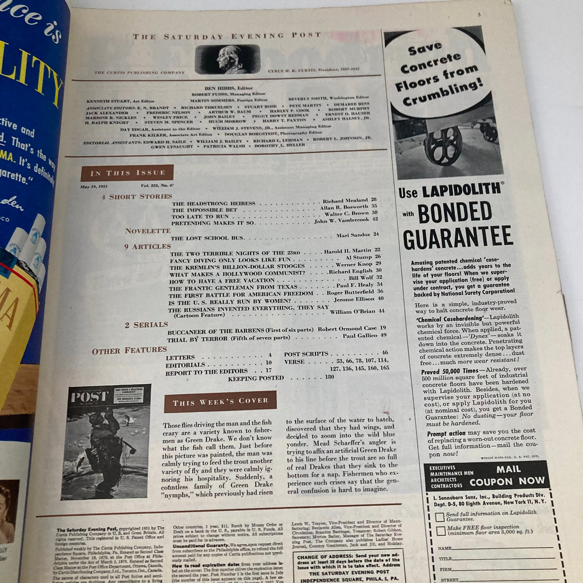 Interior page of Saturday Evening Post Magazine May 19 1951 displaying the contents list and advertisements, highlighting the publication's vintage charm.