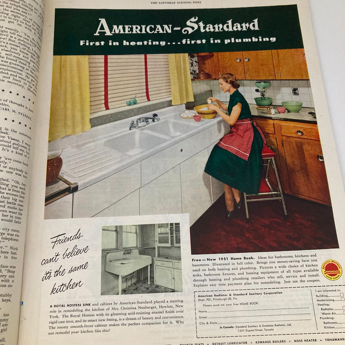 Advertisement page for American Standard from Saturday Evening Post Magazine May 19 1951 featuring a woman in a kitchen, showcasing vintage home decor.